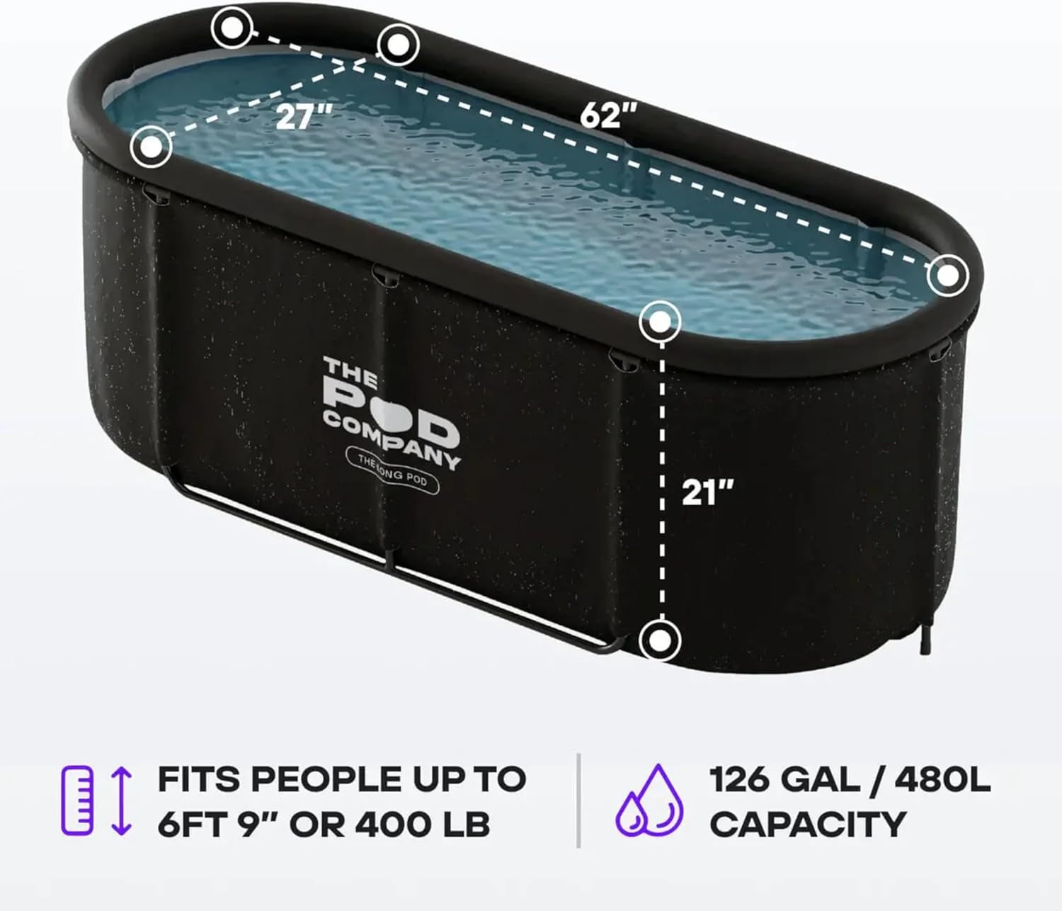 Cold Plunge Bundle – Long Pod (126 Gallon) + 1/3 HP Standard Water Chiller (41°F) – Extra-Large Metal Frame Cold Plunge Tub with Filtered Cooling System