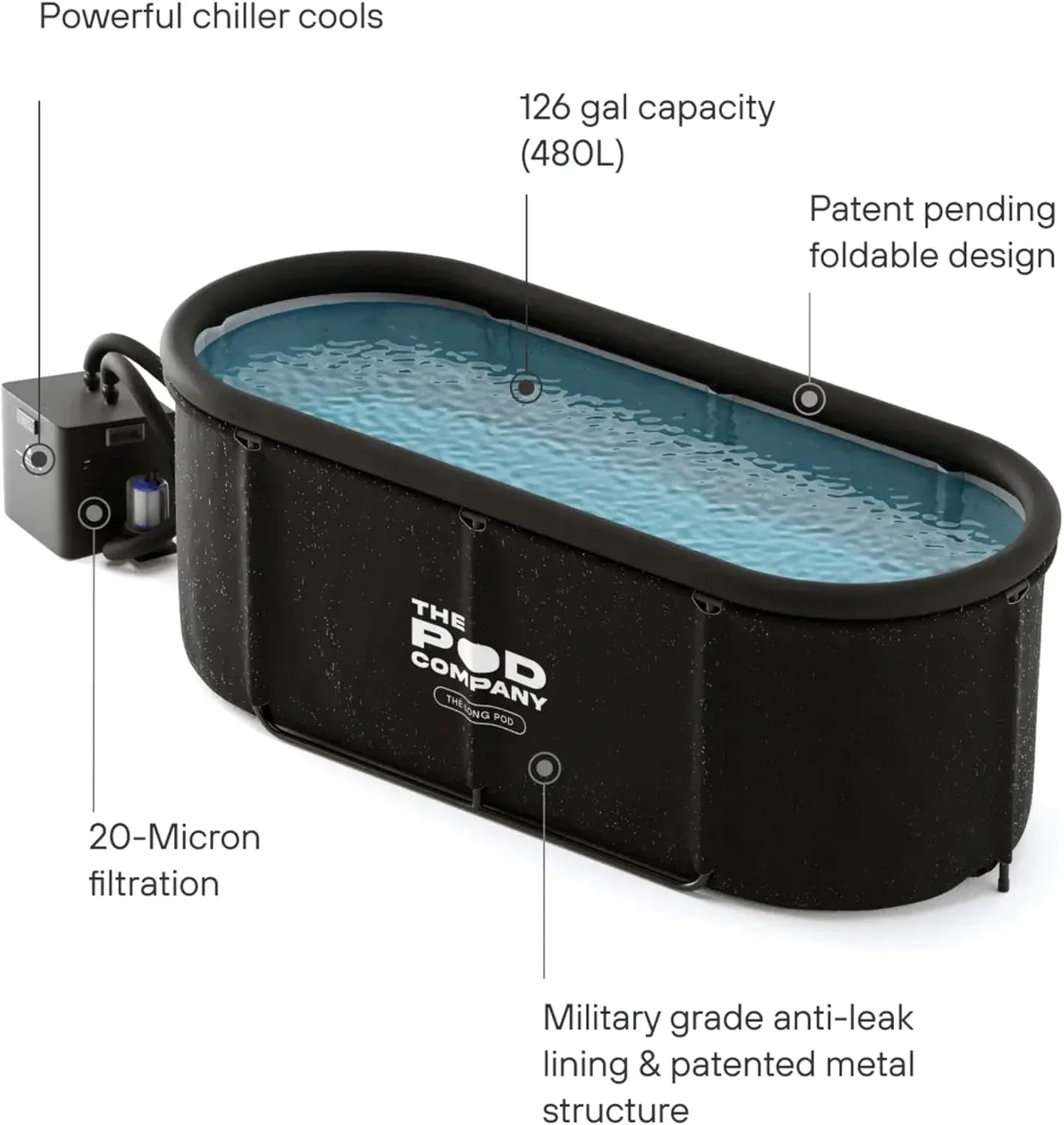 Cold Plunge Bundle – Long Pod (126 Gallon) + 1/3 HP Standard Water Chiller (41°F) – Extra-Large Metal Frame Cold Plunge Tub with Filtered Cooling System
