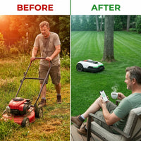 Yuka Mini 7.5 In. Robot Lawn Mower (1/4 Acre) Adjustable Cutting Height (2 In. - 3.5 In.), All Terrain, AI Vision — Before & After