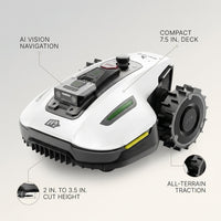Yuka Mini 7.5 In. Robot Lawn Mower (1/4 Acre) Adjustable Cutting Height (2 In. - 3.5 In.), All Terrain, AI Vision — infographic