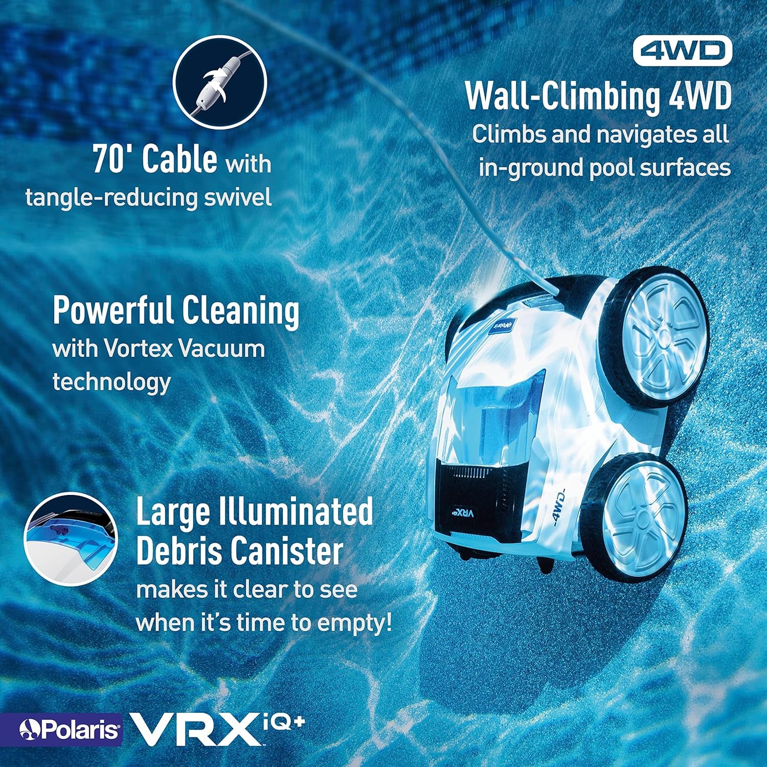 Polaris VRXIQ+ Smart Robotic Pool Cleaner with Iaqualink Control, Extra Long 70' Cable W/Tangle Reducing Swivel, Large Debris Canister and 7 Cleaning Modes