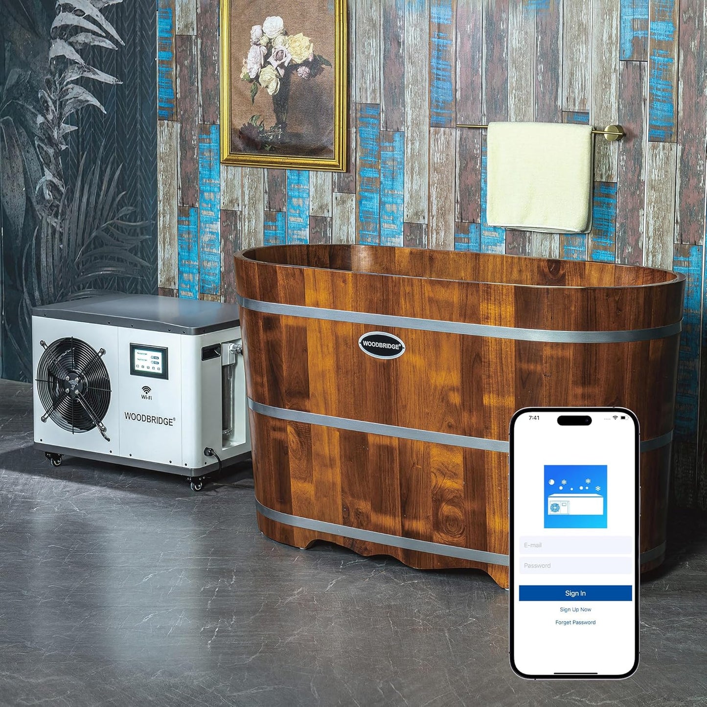 Woodbridge 54" Indoor Cold Plunge Tub W/ 1.3 HP White Chiller – Rapid Cooling & Heating, Ozone Sanitation, Filter Circulation System, Wifi-Enabled & Remote Control via APP, Insulated Tub Cover